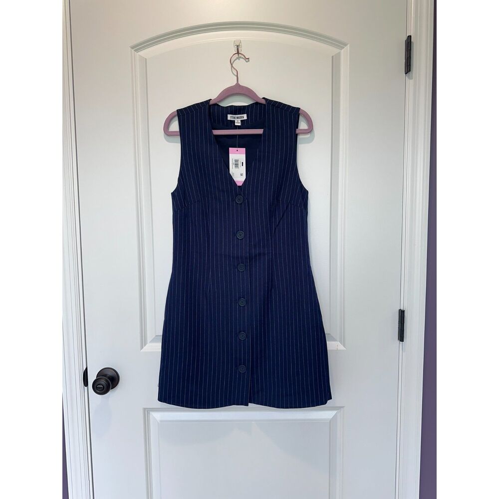 NWT Steve Madden Pinstripe Button Down Sleeveless Dress Navy Size Small